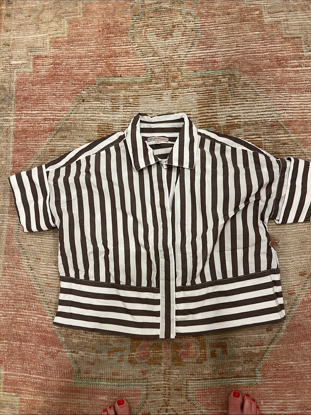 Banana Republic Brown and White Striped Short Sleeve Button-Down Shirt